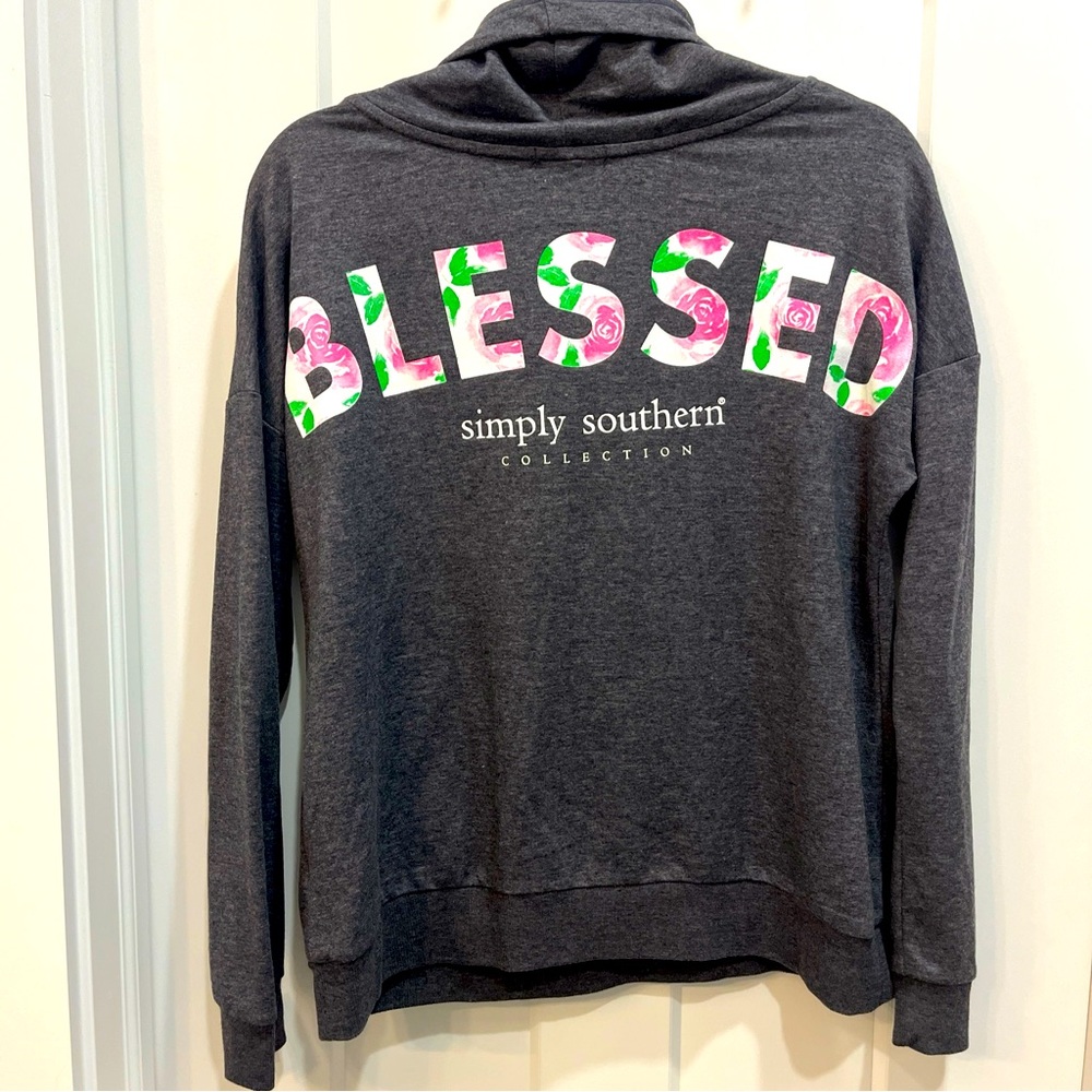 Simply‎ Southern Sweatshirt Womens Size Small Gray Long Sleeve Cowl Neck Blessed